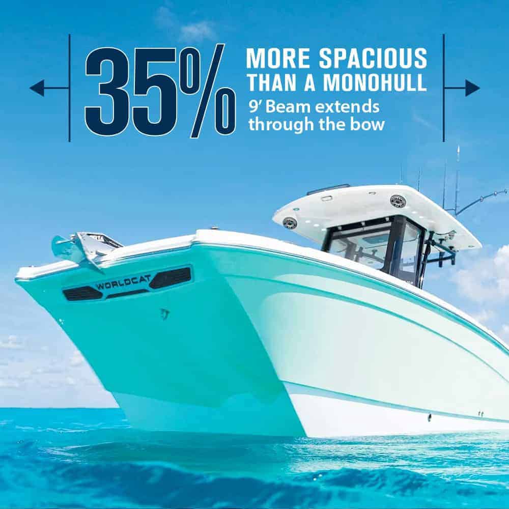 World Cat 260CC-X anchored in a tropical cove with family enjoying fishing and snorkeling.